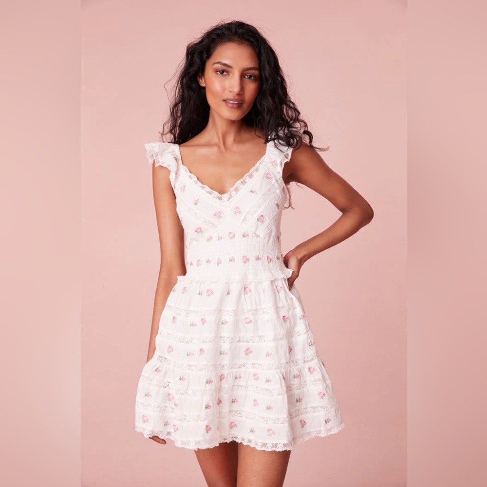 LoveShackFancy Finny Dress M NWT White Pink Floral Lace Smocked Mini Cottagecore
